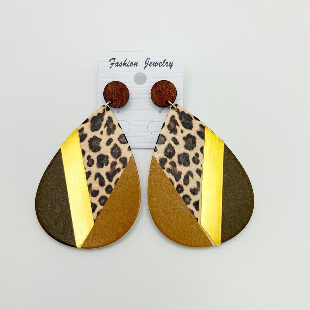 Leopard Print Teardrop Stud Dangle Earrings Gold Tone Geometric Statement - Picture 2 of 5